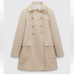 Zara Cream Wool Blend Coat with Gold Buttons